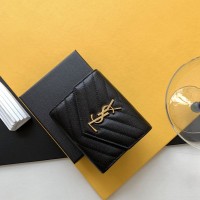 Replica Ysl Compact Tri Fold Wallet in Black with Gold Hardware