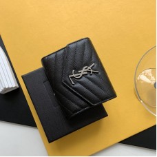 Replica Ysl Compact Tri Fold Wallet in Black with Silver Hardware