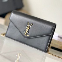 Replica Ysl Cassandre Envelope Chain Wallet In Black Smooth Leather