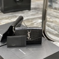 Replica Ysl Uptown Chain Wallet In Crocodile Embossed Shiny Leather with Silver Hardware