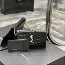 Replica Ysl Uptown Chain Wallet In Crocodile Embossed Shiny Leather with Silver Hardware