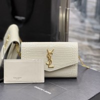 Replica Ysl Uptown Chain Wallet In Crocodile Embossed Shiny Leather in White